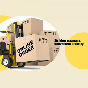 Forklift carrying boxes with 'Online Order' label