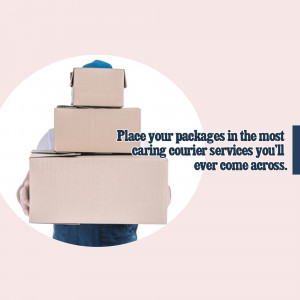 Person carrying stacked cardboard boxes with text promoting courier services.