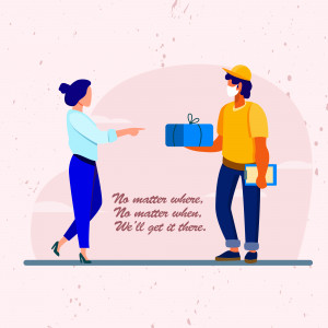 Illustration of a delivery person handing a package to a customer.
