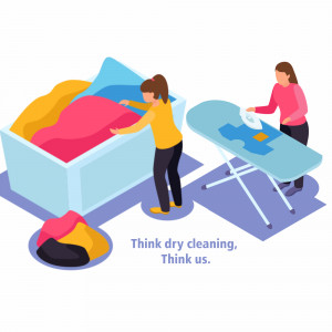 Isometric illustration of women doing laundry and dry cleaning.