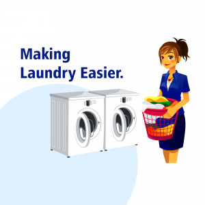 Illustration of a woman with a laundry basket next to washing machines