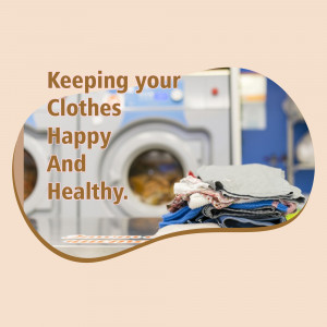 Washing machine with clothes and text 'Keeping your Clothes Happy and Healthy'