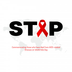 Red ribbon with the word STOP and a world map background for World AIDS Day