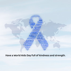 Blue ribbon with words related to AIDS awareness over a world map.
