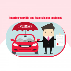 Illustration of a man with an umbrella protecting a car, representing insurance.