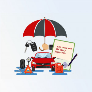 Illustration depicting car insurance coverage with umbrella, car, keys, and related items.
