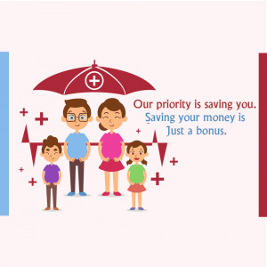 Illustration of a family under a red umbrella with a plus sign, representing health insurance and savings.