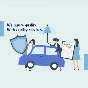 Illustration depicting car insurance services with people and protective elements.
