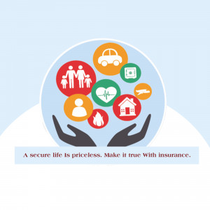 Hands holding icons representing various insurance types like health, life, home, and auto.