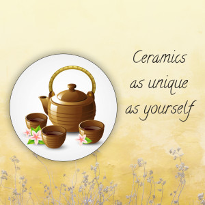 Brown ceramic teapot and cups with pink flowers on a yellow background.