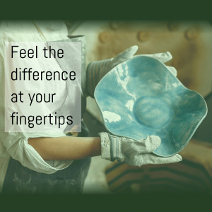 Hands shaping a blue ceramic plate with protective gloves