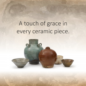 Assortment of vintage ceramic vases and bowls with a textured background.