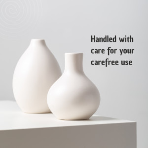 Two white ceramic vases on a light gray surface with text overlay.