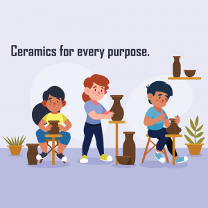 Illustration of people working with pottery at a ceramics workshop.
