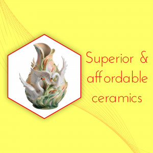Ceramic vase shaped like a swan with floral details, displayed in a red hexagon on a yellow background with text 'Superior & affordable ceramics'.