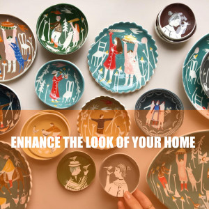 Collection of decorative plates with whimsical illustrations