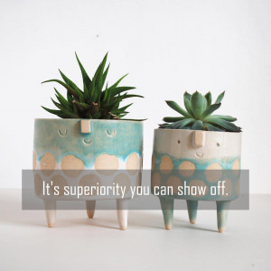 Two ceramic plant pots with faces and legs, holding succulents.