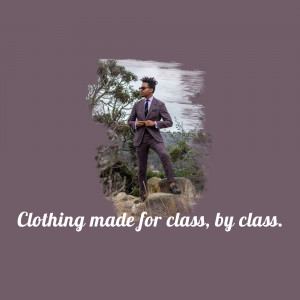 A man in a purple suit standing on a rock with a blurred landscape background.