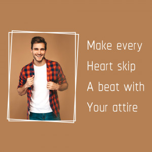 A young man wearing a red and black flannel shirt and jeans, smiling at the camera with text overlay.