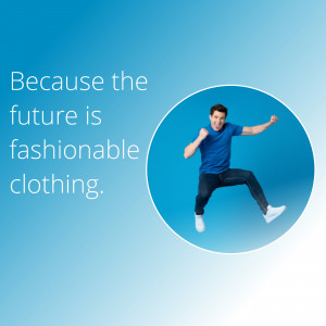 Man jumping in the air with a blue background and text overlay.