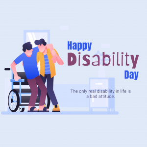 Illustration depicting a person assisting another in a wheelchair with the text 'Happy Disability Day'