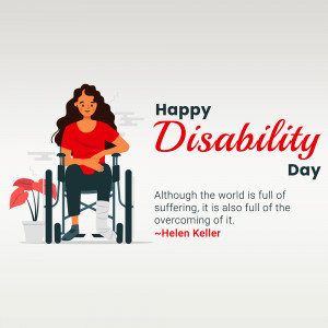 Illustration of a woman in a wheelchair with the text 'Happy Disability Day'