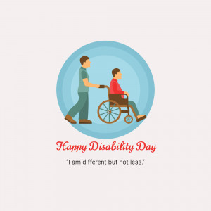 Illustration of a person assisting someone in a wheelchair with text 'Happy Disability Day'