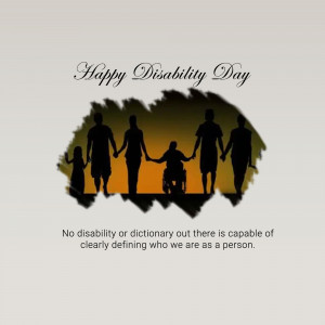 Silhouette of diverse people holding hands, including a person in a wheelchair, with the text 'Happy Disability Day'.