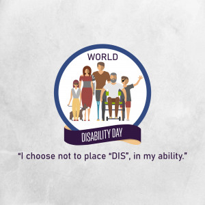 Illustration depicting diverse people including a person in a wheelchair with the text 'World Disability Day'