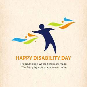 Graphic depicting a silhouette of a person with colorful arcs above, with the text 'Happy Disability Day'