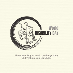 Illustration of a wheelchair within a circular brushstroke design with the text 'World Disability Day'.
