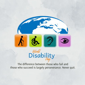 World Disability Day graphic with icons representing different disabilities and a globe.
