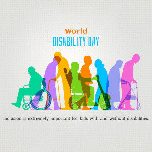 Silhouettes of diverse people with and without disabilities celebrating World Disability Day.