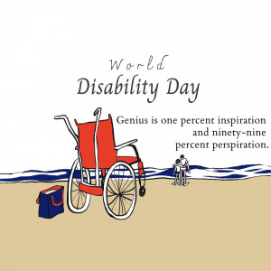 Illustration for World Disability Day featuring a wheelchair and beach scene.