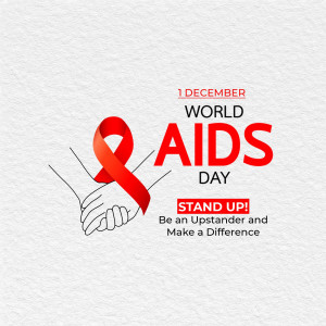 Red ribbon symbolizing World AIDS Day with hands and text.