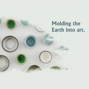 Overhead view of various ceramic bowls and cups in muted tones with a brushstroke effect.