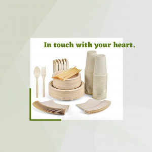 Stack of disposable wooden plates, cutlery, and food containers