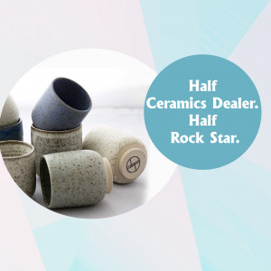 Stack of ceramic cups and mugs with a blue background and text overlay.