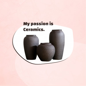 Three dark ceramic vases on a pink background with text 'My passion is Ceramics'