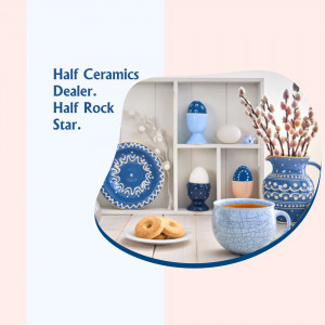 Display of blue and white ceramics on a wooden shelf with decorative elements.