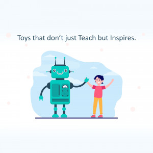Illustration of a robot and a child with arms outstretched, promoting educational toys.