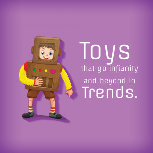 Illustration of a boy dressed as a cardboard robot with the text 'Toys that go infinity and beyond in Trends'