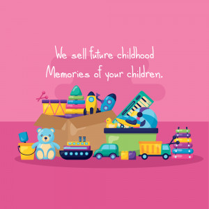 Colorful assortment of toys spilling out of a cardboard box with text 'We sell future childhood Memories of your children.'