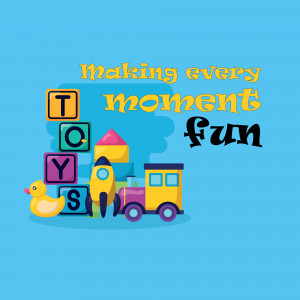 Colorful toy blocks, duck, train, and text 'Making every moment fun'