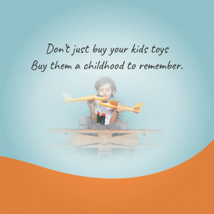 A young boy pretending to fly a wooden airplane, with text promoting the idea of buying childhood experiences.