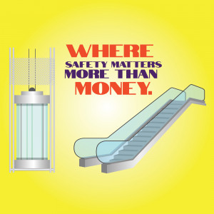 Illustration of an elevator and escalator with the text 'Where Safety Matters More Than Money'