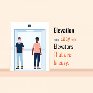 Illustration of two people wearing masks in an elevator with text promoting easy elevator solutions.