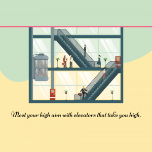 Illustration of an elevator and escalator in a modern building