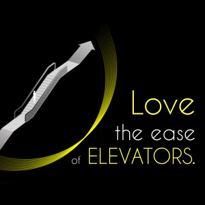 Illustration of an elevator with a golden arc and the text 'Love the ease of ELEVATORS'.