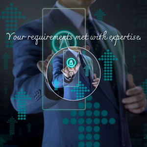 A businessman interacting with a digital interface representing business solutions.